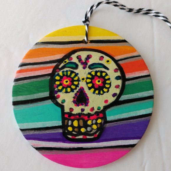 Handmade Ornament with Hand Painted Sugar Skull and Stripes For Dia De Muertos - Picture 12 of 16